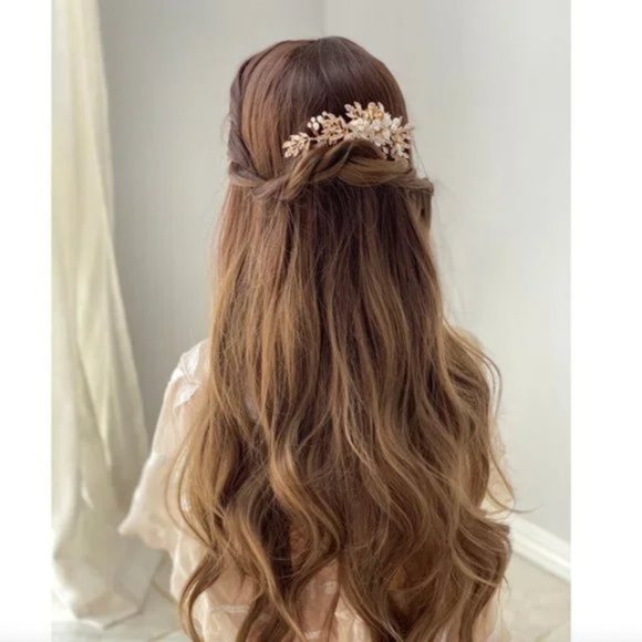 Bridal Wedding Bride Gold Rhinestone Hair piece Comb leaves flower main image 4